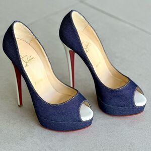 Christian Louboutin Lady Peep Open Toe Platform Blue Denim Pumps Size 38.5